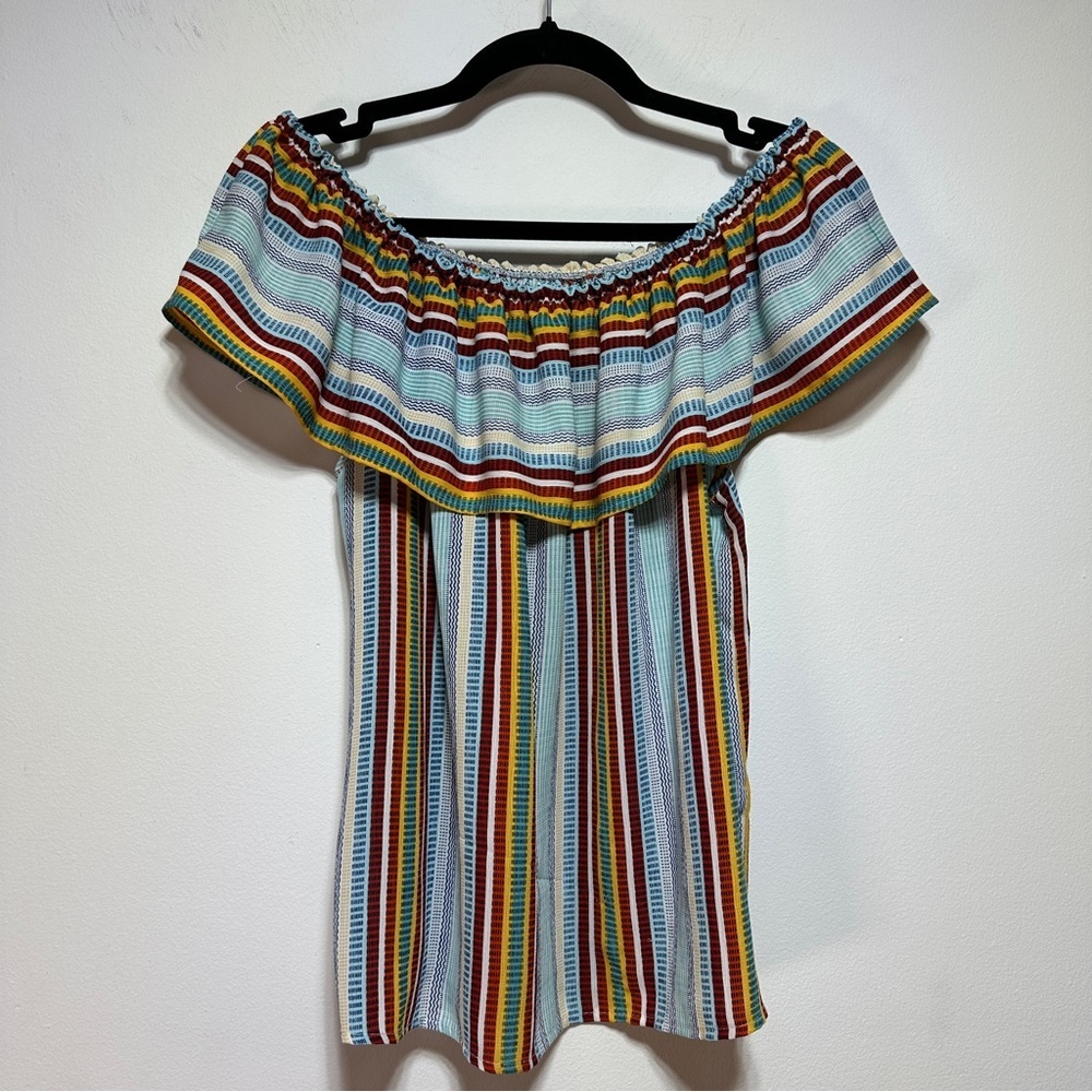 Monteau Los Angeles Rainbow Striped Off-Shoulder Ruffle Top M